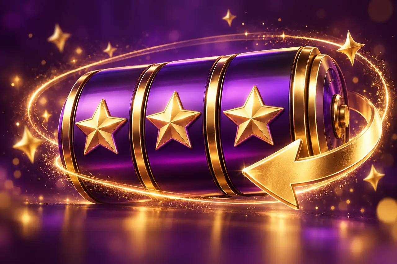 Violet slot reels with a gold rotation arrow