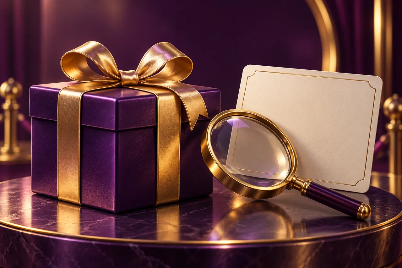 Closed violet gift box beside a magnifying glass and terms card