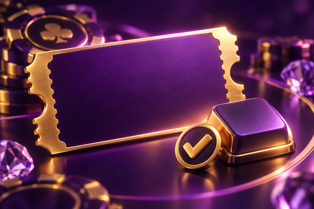 Purple promotional ticket with a gold check mark