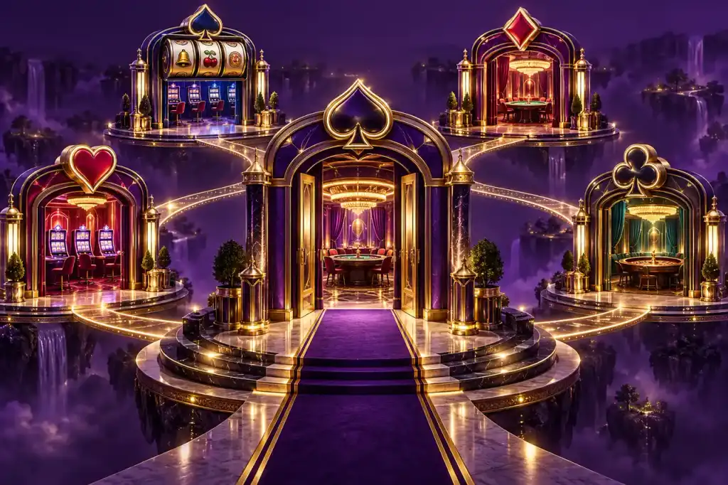 Purple casino doorways connected by luminous comparison paths