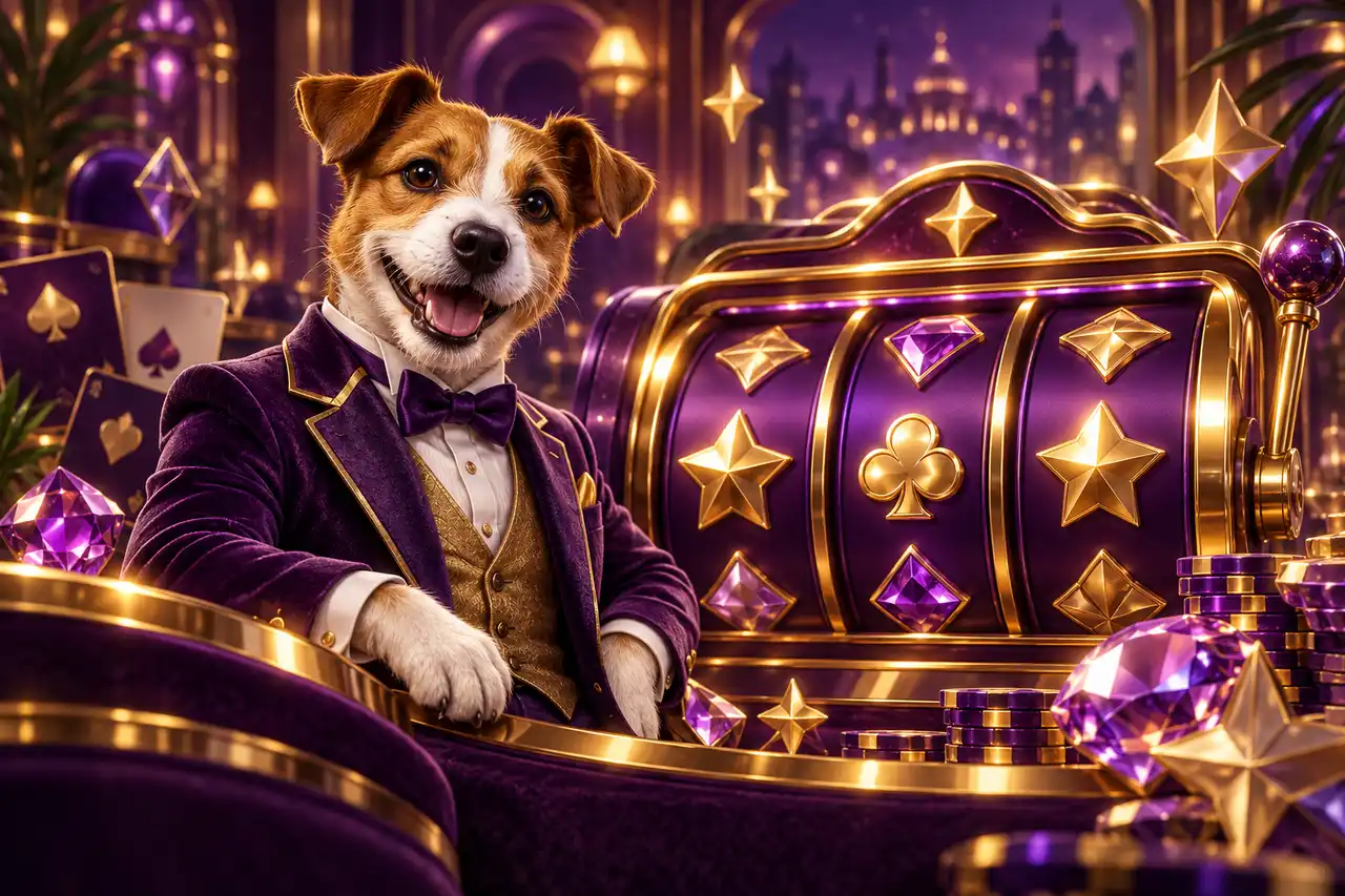 Terrier mascot beside purple slot reels and gold card symbols